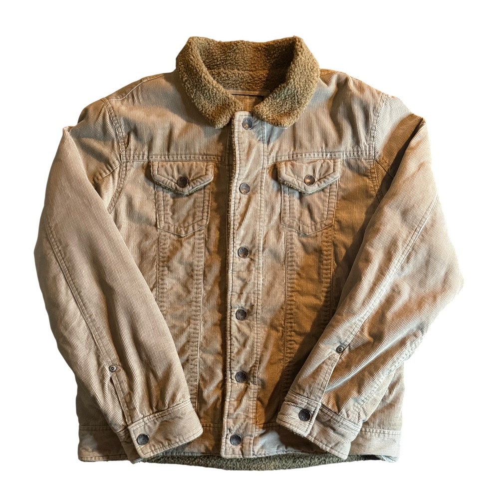 BKE Sherpa Lined Corduroy Trucker Jacket Mens Large Tan Faux Fur Trim Coat